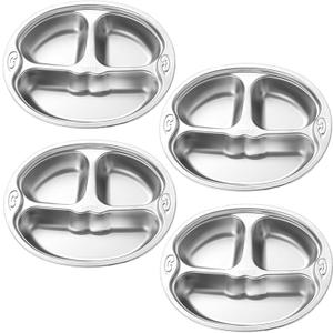 4 Pack 304 Stainless Steel Divided Plates, Non-Slip Heat-Resistant Lunch Tray for Adults, Deep 3 Compartment Meal Prep Trays for Camping, School, Dishwasher Safe (BPA-Free, Rustproof)