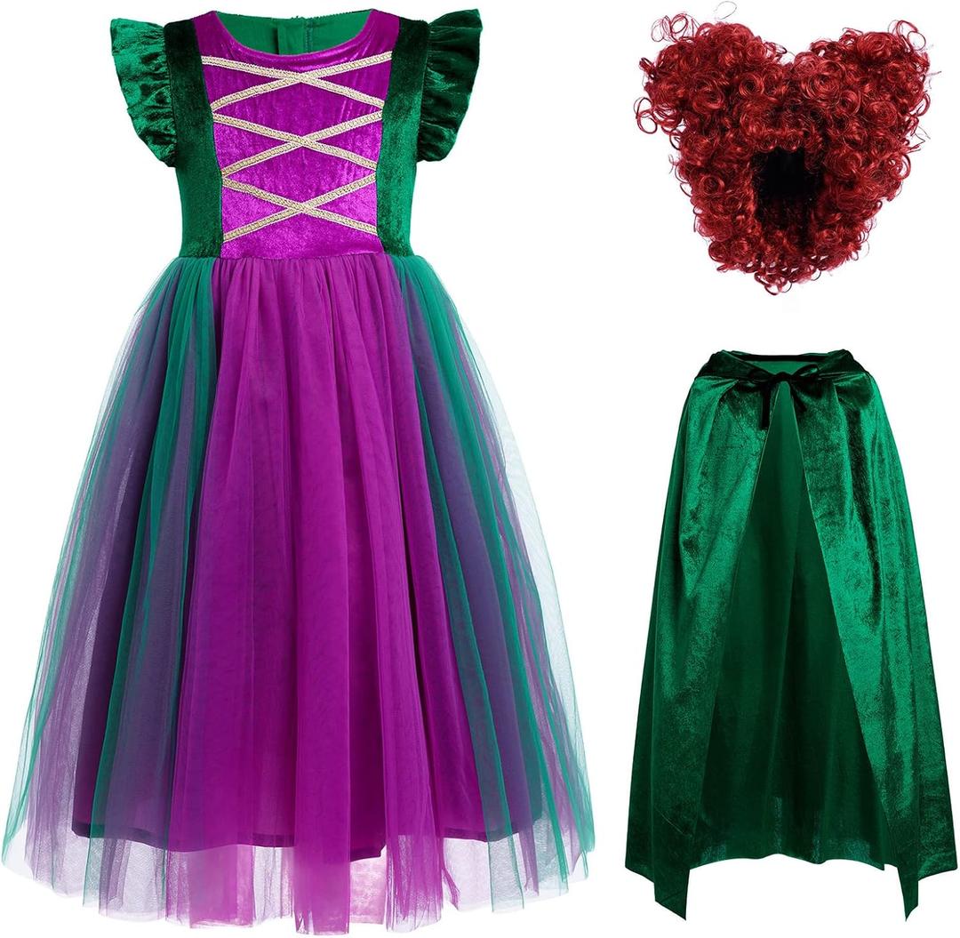 IBTOM CASTLE Kids Girls Halloween Costume Witch Tulle Dress Velvet Hooded Cloak Wigs Set Carnival Fancy Dress Up Outfit (4-5 Years)