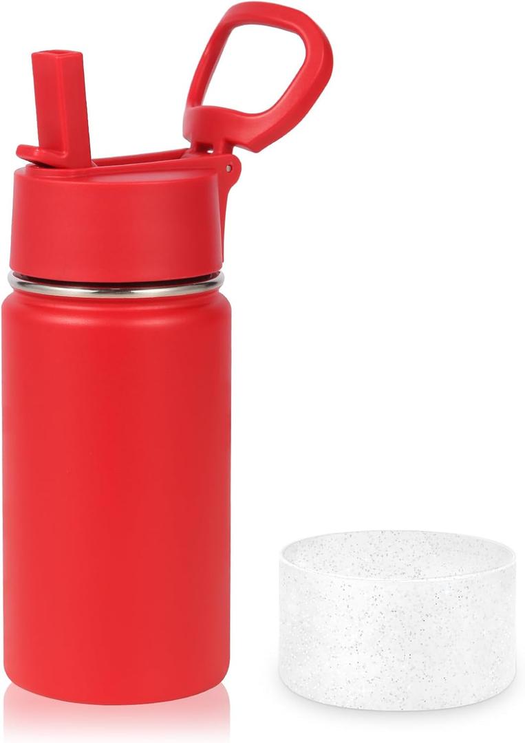 Volhoply 14oz KIds Stainless Steel Insulated Leakproof Water Bottle with Straw Lid and Silicone Boot,BPA-Free Easy Use for Boys&Girls,Double Wall Vacuum Bottles(Red,1)