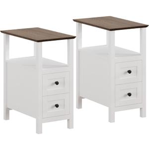 ChooChoo Farmhouse End Tables Set of 2, 3-Tier Narrow Nightstand with 2 Drawers, Slim Bedside Tables with Open Shelf for Small Space Living Room,White
