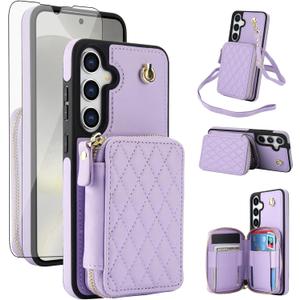 Phone Case for Samsung Galaxy S25 Plus S25+ 5G Wallet Cell Cover with Tempered Glass Screen Protector Wrist Crossbody Strap RFID Blocking Card Holder S25Plus 25S + S 25 25+ SM-S936U Women Girls Purple