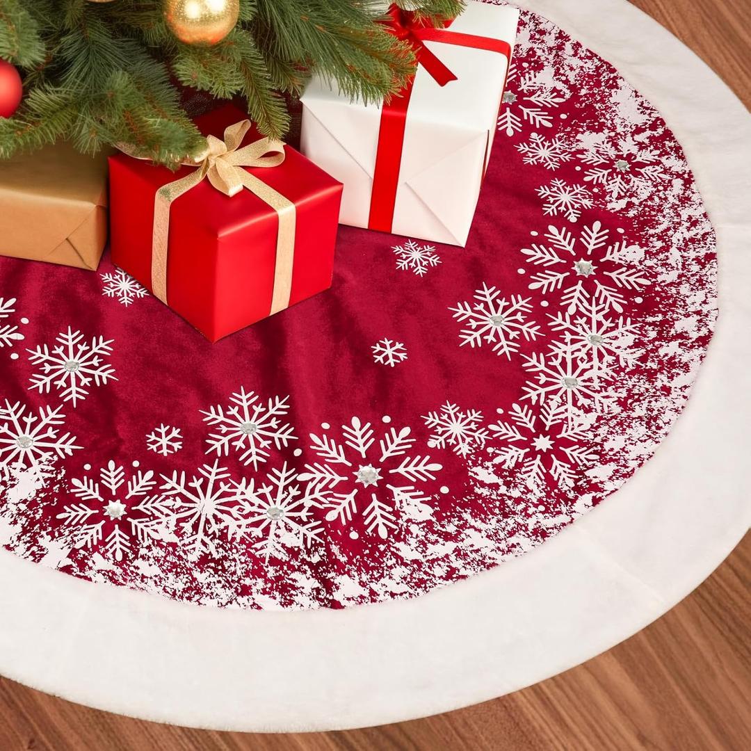 Christmas Tree Skirt, 48 Inch Red Velvet Tree Skirt with Snowflakes Patterns, Indoor Christmas Decorations