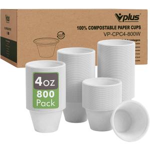 Vplus 800 Pack 4 OZ Disposable Souffle Cups, 100% Compostable Portion Cups, Made From Bagasse Fibe and Bamboo, Perfect For Dips, Food Sample, Jams, Honey, Sauces, Nuts