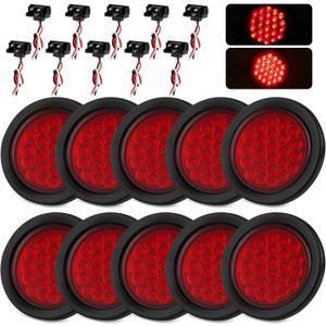 10Pcs 4 Inch Round Led Trailer Tail Lights, Red 24 LED Trailer Lights Waterproof, 4" Stop Turn Brake Led Tail Lights Sealed Flush Mount for Trucks RV Include Grommets 3-Prong Wire Plugs