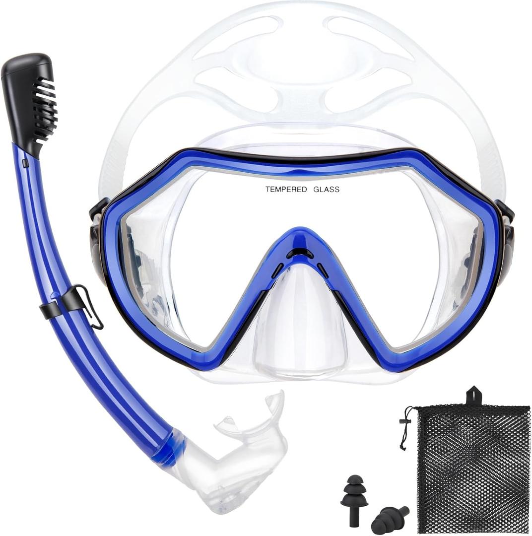 Snorkeling Gear for Adults, Dry Adult Snorkel Set HD Panoramic View Snorkel Mask Set, Anti-Leak and Anti-Fog Scuba Diving Package with Mesh Bag Ear Plug for Snorkeling Scuba Diving Travel (Blue/Transparent)