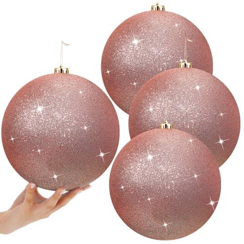 Zubebe 4 Pcs Extra Large Christmas Ball Ornaments Glitter 8'' (200 Mm) Giant Oversized Plastic Xmas Ball Big Hanging Christmas Tree Ornaments for Holiday Party Outdoor Decor(Shiny Rose Gold)