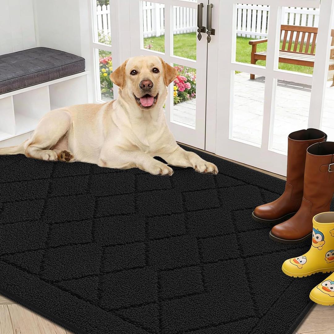 REFETONE Indoor Doormat, Front Back Door Mat 36"x60" Rubber Backing Non Slip Mats, Absorbent Washable Entrance Doormat for Entryway, Resist Dirt Low-Profile Inside Floor Mat for Muddy Shoes, Black (Big Plaid Black)