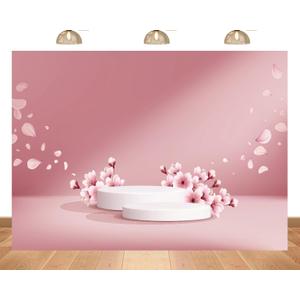 7x5ft Fabric Pink Cherry Blossom Podium Backdrop Romantic Flower Petal Fluttering Suitable for Bridal Shower Wedding Girls Birthday Party Mother's Day Photography Backgrounds
