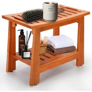 23 Inchs Teak Shower Stool with Handle & Shelf  Waterproof Non-Slip Bath Bench for Elderly/Seniors, Small Bathrooms & Outdoor Spa, 350 lbs Capacity, Easy-Grip Handles & Storage for Towels