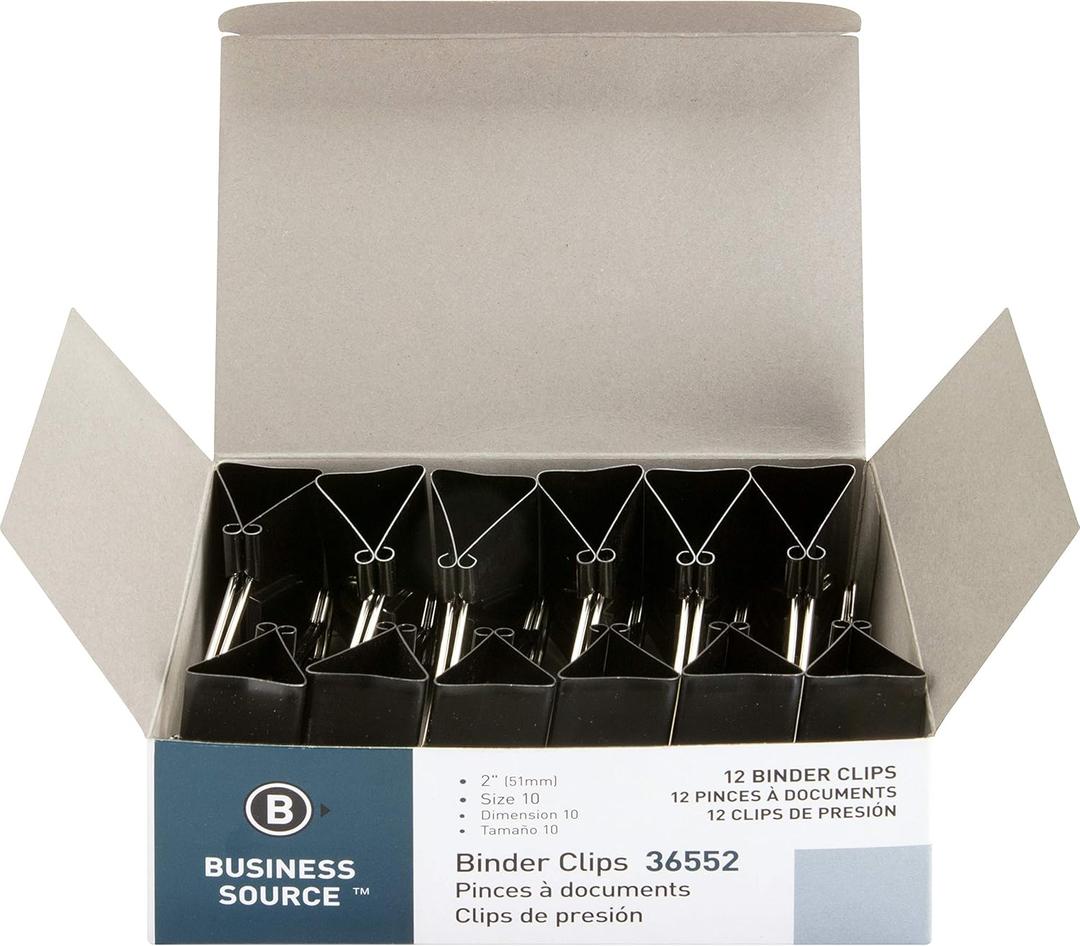 Business Source Fold-Back Binder Clips, Black, Large (Pack of 12)