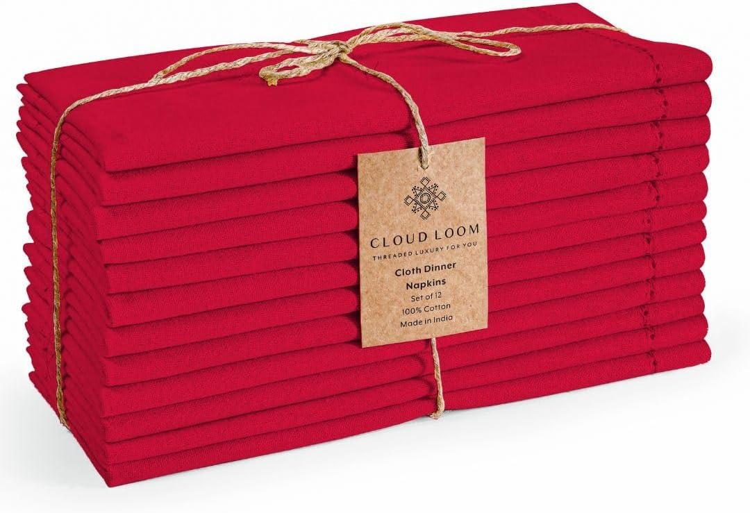 Hemstitch Cloth Dinner Napkins 100% Cotton Set of 12 - Perfect for Dining Special Occasions Wedding Holidays Christmas - Soft Durable Washable - Elegant 18x18 Inch Table Cloth Napkins Red