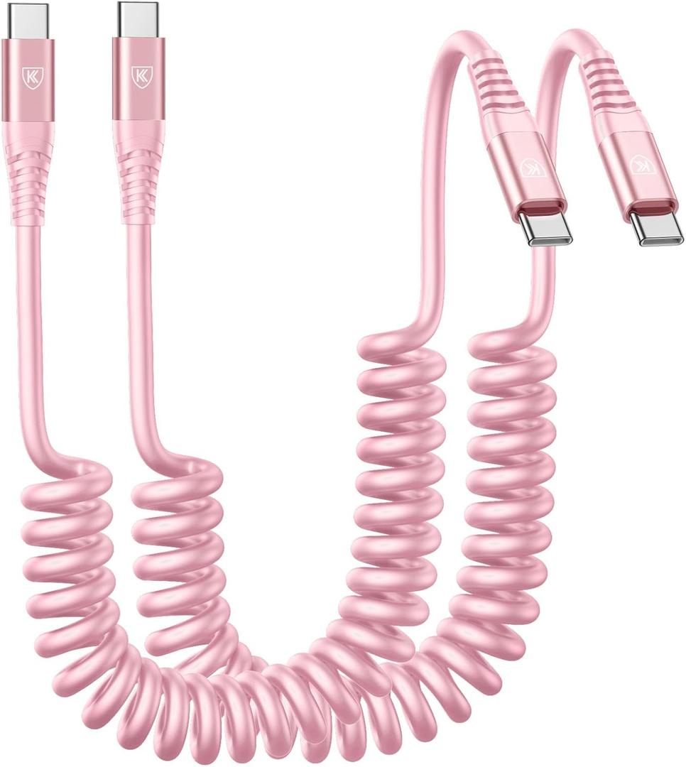 USB C to C Cable 3FT for Car, Coiled USB C Fast Charging Cable for iPhone 17/16/15, 2Pack Type C Cord for iPhone 15/Plus/Pro/Pro Max/Samsung Galaxy S23-Pink