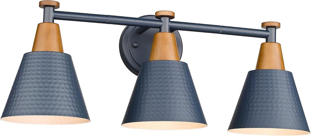 FEMILA Bathroom Vanity Light, 3-Light Modern Bathroom Light Fixture with Hammered Metal Shade Finish, Dark Blue Wall Sconce Lamp Lighting for Bedroom, 4FG59B-3W Blue (22")