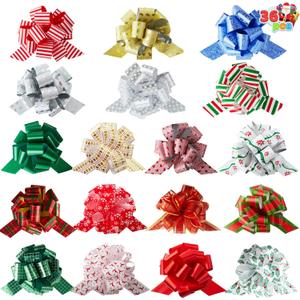 JOYIN 36 PCS Christmas Wrap with Ribbon Pull Bows 4.7", Pull Bows for Gift Wrapping, Easy and Fast Wrapping Accessory for Xmas, Baskets, Wine Bottles, Present, Florist, Bouquet Decoration