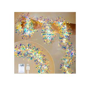 Christmas Garland with Lights, 2 Pack 16.4FT Iridescent Tinsel Garlands Battery Operated & USB, Shiny Foil Garland Indoor Hanging Home Decor, Garland for Birthday Holiday New Years Eve Party Supplies