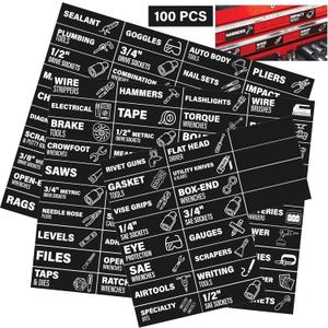 100 Magnetic Tool Box Labels with Icons, Pre-Printed Tool Chest Drawer Markers with 4 Blanks, Lightweight Magnet Tags for Steel Cabinet Organization & Garage Storage, 3 x 1 inch Black