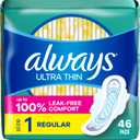 Always Ultra Thin Pads with Wings, Size 1, Regular, 46 Count