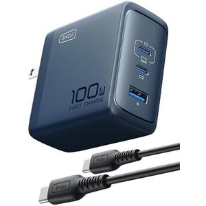 INIU for Macbook Pro Air Charger, 100W 3-Port PD Fast Charging, Compact Foldable Charger With USB C Cable, GaN Power Adapter For Mac Book, iPad, iPhone 17, Samsung S25, Switch, Camping, Business, Blue