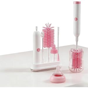 Rechargeable Electric Bottle Brush with Stand - 360 Spin Silicone Cleaner for Baby Bottles, Breast Pumps & Small Household Containers (Pink)