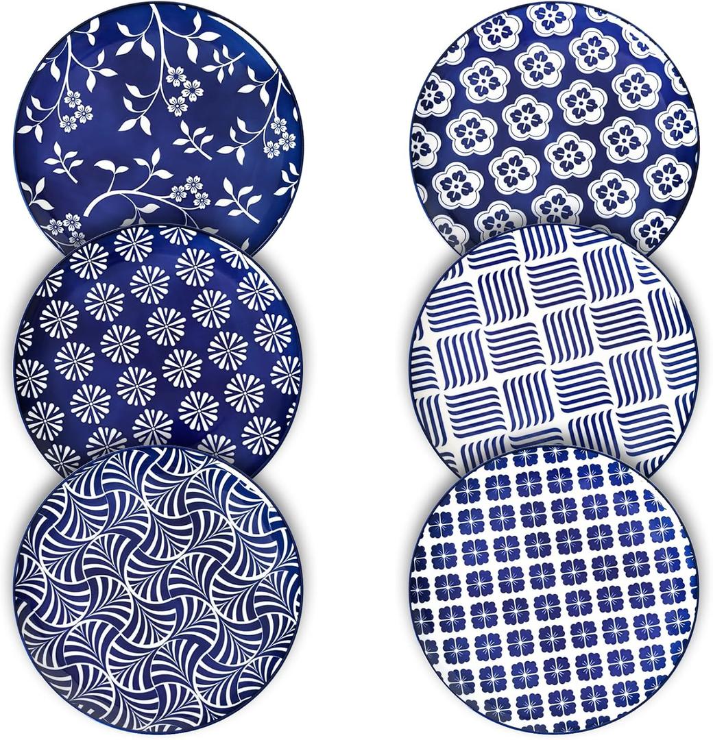 ZONEYILA Porcelain Dinner Plates, 10-Inch Ceramic Plates for Salad, Pancakes, Steak, Large Size Serving Plate for Parties, Restaurant - Dishwasher & Microwave Safe, Set of 6 (Vintage Blue)