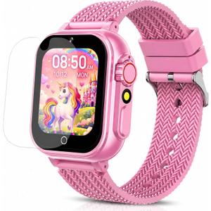Goodatech Kids Smart Watch for Boys Girls, 1.54'' Smartwatch with 26 Puzzle Games, HD Camera, Video Music Player, Pedometer, Flashlight, Audio Book, Aluminum Case and Sport Band (Pink)