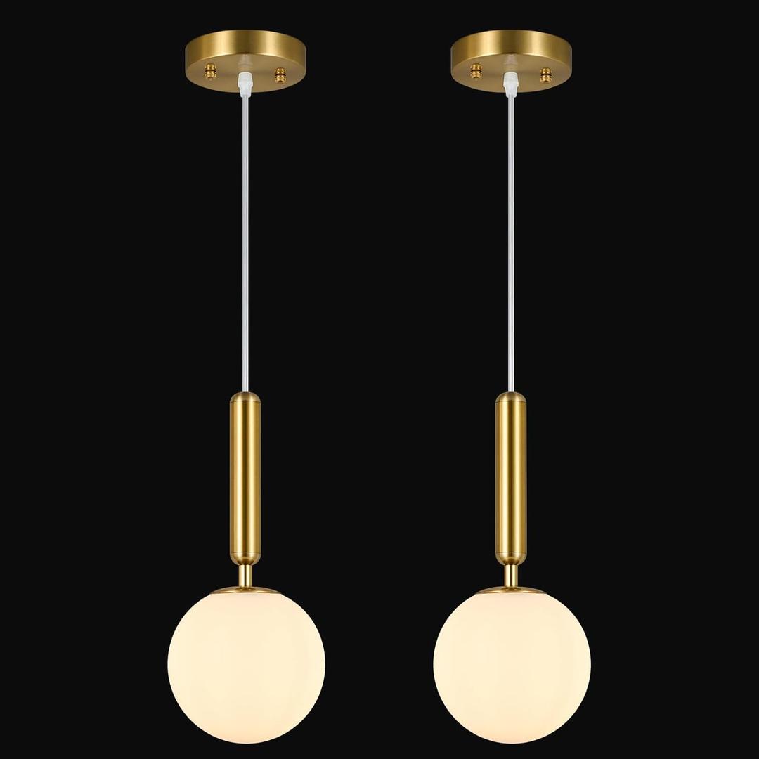 FDPBY Modern Hanging Light Fixture Pendant Lighting for Kitchen Island Mid Century Gold Pendant Lights with Globe Milky White Glass Pendant Light for Bedroom Bathroom Entryway (2 Pack)