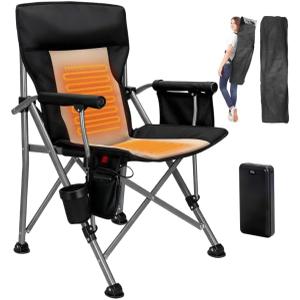 Heated Camping Chair with 20,000 mAh Battery, Loog-Lasting for 500 Mins, Fully Padded Heated Camp Chairs, Heavy Duty Folding Chairs Supports 500 lbs for Winter Camping, Picnics, Tailgating, RV Travel (Black & Beige)