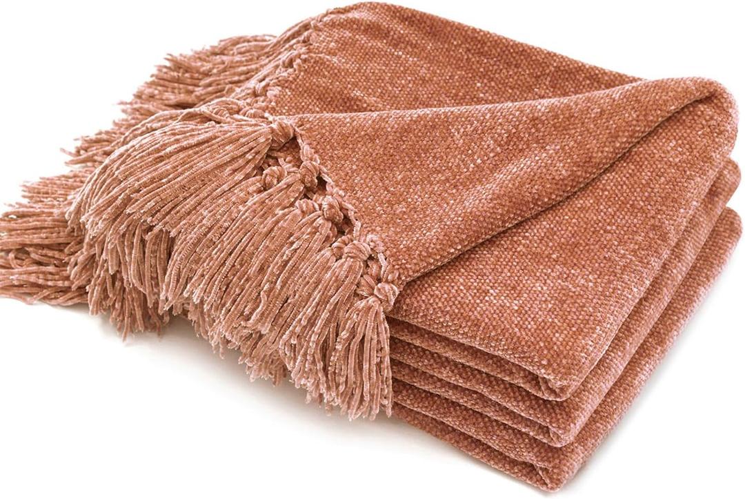 EVERGRACE Soft Chenille Throw Blanket for Couch, Cozy Plush Fuzzy Decorative Chenille Knit Throw Blanket with Tassels, Lightweight Blanket and Throws for Bed Sofa Gift Home Decor, Clay 50"x60"
