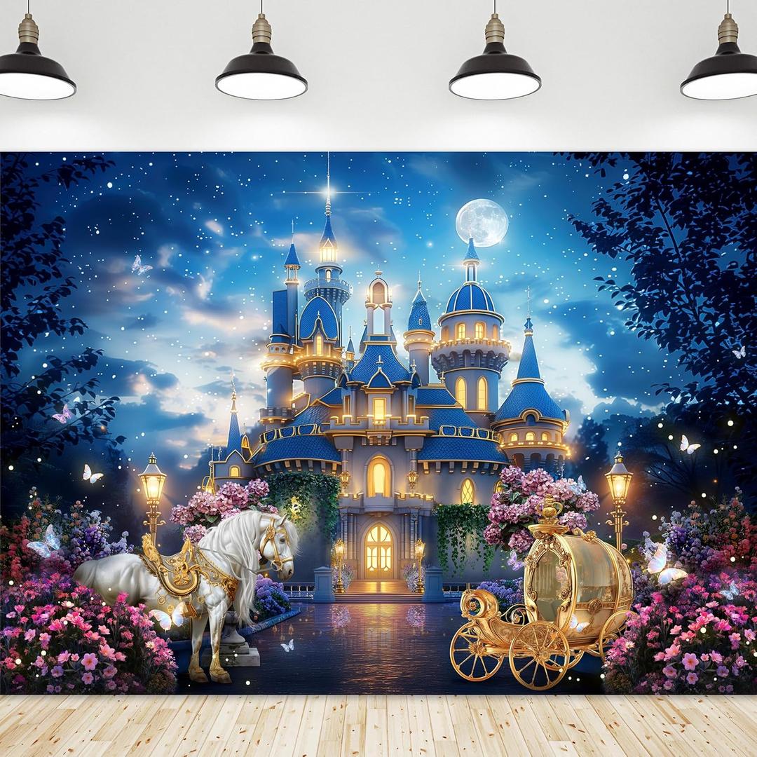 Riyidecor Princess Castle Backdrop Polyester Fabric Garden Floral Starry Night Horse Carriage 7Wx5H Feet Fairy Tale Wonderland Photography Background Bridal Shower Wedding Birthday Photo Studio Shoot