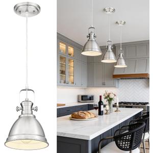 Pendant Lights Kitchen Island, 8" Farmhouse Hanging Lights Fixtures with Metal Shade, Rustic Kitchen Pendant Lighting Over Island for Dining Room, Brushed Nickel, AD-2151-1PM-SN