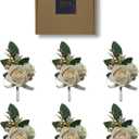 5PCS White Boutonniere for Men, Ivory Boutonniere Pins for Men Groomsmen Guest Boutonniere, Artificial Flowers for Wedding Decor Prom Homecoming