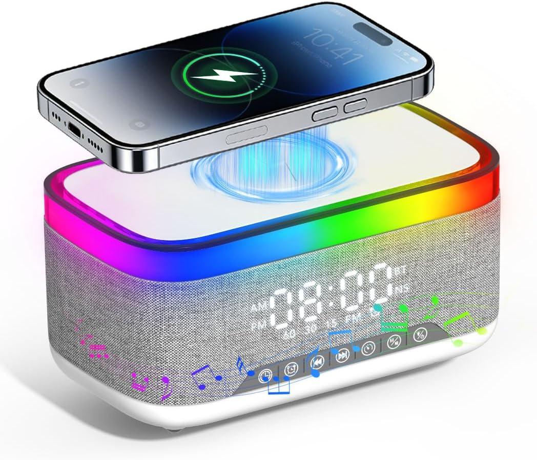 Bluetooth Speaker with Wireless Charging, Alarm Clock Radio for Bedrooms 6 in 1 Dimmable Digital Clock with FM Radio White Noise Charging Station RGB LED Night Light for iPhone Samsung