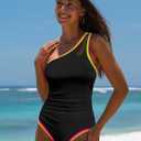 Popvil One Shoulder One Piece Swimsuit for Women Neon Color Block Bathing Suits Modest Full Coverage Swimwear (Black, XL)