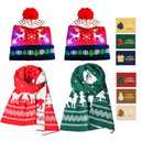 10 Pcs Christmas Hats and Scraves Set, 2 LED Light up Christmas Knitted Hats, 6 Random Christmas Cards Bulk for Christmas Holiday Party, Xmas Warm Outfits Gift for Family Unisex Women Teens Kids