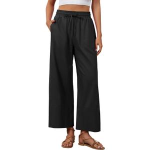 Womens Linen Pants Cotton Boho Loose Palazzo Pants Wide Leg Long Lounge Trousers Drawstring with Pockets Beach (Black, M)