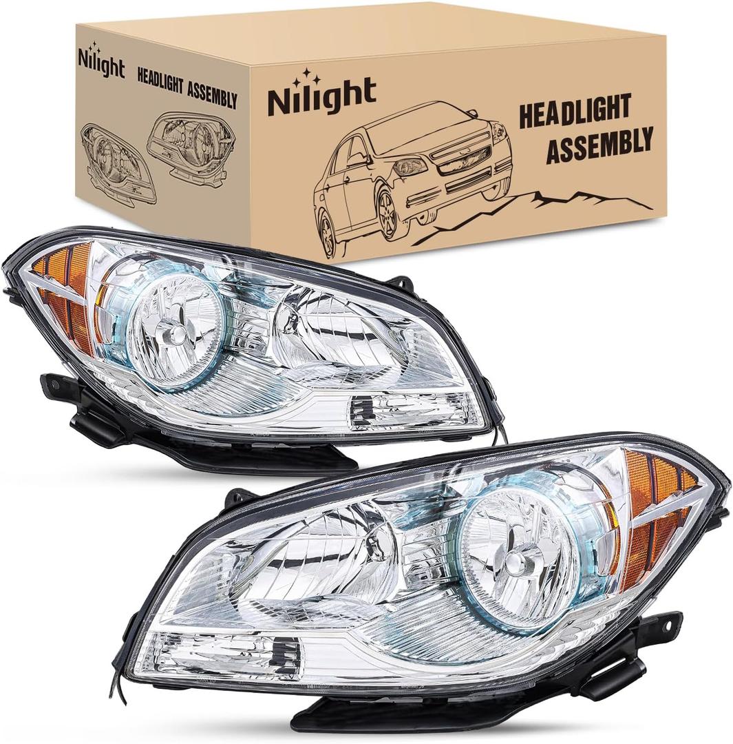 Nilight Headlight Assembly Compatible with 2008 2009 2010 2011 2012 Chevy Malibu 4 Door Halogen Factory Headlamp Chrome Housing Amber Reflector Headlamp Passenger and Driver Side