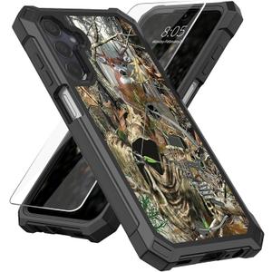 for Samsung Galaxy A15-5G Case with Screen Protector, Military Grade Drop Protection, Dual Layer Hybrid Shockproof Protection TPU Phone Case for Samsung A15 5G, Camo Deer Hunter