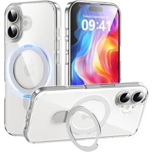 Magnetic Case for iPhone 17 Clear with Ring Holder Foldable Stand Metal Kickstand [Compatible with Magsafe], Slim Transparent Protective Phone Cover for iPhone 17 2025 6.3'', Crystal Clear