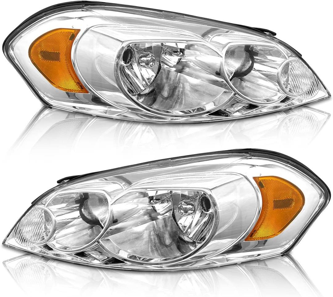 for 2006 2007 2008 2009 2010 2011 2012 2013 Chevy Impala Headlight Assembly compatible with 14-16 Impala Limited / 06-07 Monte Carlo Chrome Housing Amber Reflector Replacement Pair