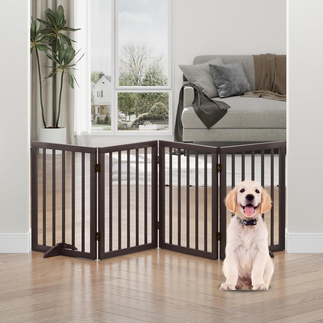 Dog Gate, Freestanding Dog Gates for Doorways, Foldable Dog Gate Indoor, Pet Gates for Doorways Bedroom, Puppy Gate with Metal Support Feet, Room Divider 4 Panels (Brown) (4 Panel - 74"Wide)