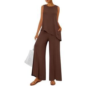 PRETTYGARDEN Women's 2026 Two Piece Matching Lounge Sets Asymmetrical Split Tank Tops Wide Leg Pants Summer Outfits Tracksuit Size M