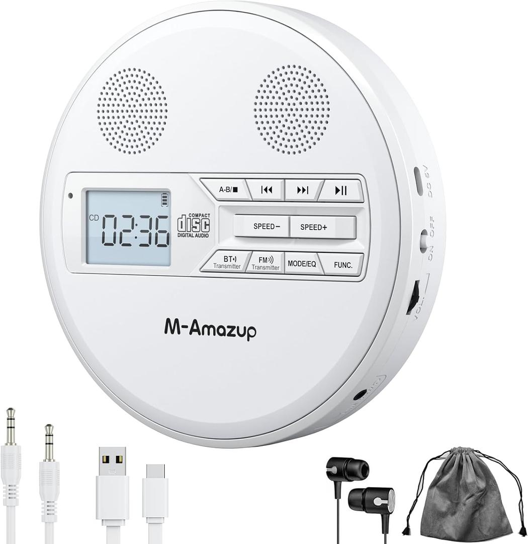 CD Player Portable, Rechargeable Portable CD Player with Dual Speakers and Anti Skip,CD,Dual Bluetooth,FM Transmission,USB,AUX,LCD Display,Sensitive Button,Repeat,10 Speeds for Home Car White