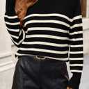 KIRUNDO Women's Striped Sweaters 2024 Fall Winter Outfits Crewneck Ribbed Knit Pullover Trendy Tops with Metal Buttons (Black,Small)