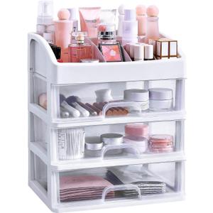 Simbuy Makeup Organizer with 3 Drawers, Bathroom Vanity Countertop Storage for Cosmetics, Brushes, Lotion, Nail Lipstick and Jewelry (White)