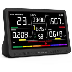 16 in 1 Air Quality Monitor Indoor 7" Display 9 AQI+7 AQI Alerts, CO2 Monitor Air Quality Tester for CO2, TVOC, PM2.5 PM1.0 PM10, HCHO Temperature Humidity AQI & Time Air Quality Meter for Home