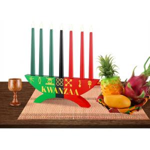 BrightRow 12 Pcs Kwanzaa Kinara Set Include 3 Red 3 Green 1 Black Candles Double Sided Wooden Candle Holder Wine Glasses Basket Kente Cloth Bamboo Table Mat for Kwanzaa Celebration Decoration
