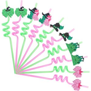 25 PCS Wicked Party Drinking Straws, Princess and Witch Theme Reusable Plastic Loop Drinking Straws with 2 Cleaning Brushes Pink and Green Birthday Favors Decorations