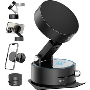 Vacuum Magnetic Phone Stand for Car Mount,360RotatableSuction Cup Cell Phone Holder for Women Men iPhone Samsung HuaweiWaterproofFoldable Phone Mount for Car Accessories/Shower/Desk/Mirror(Black)