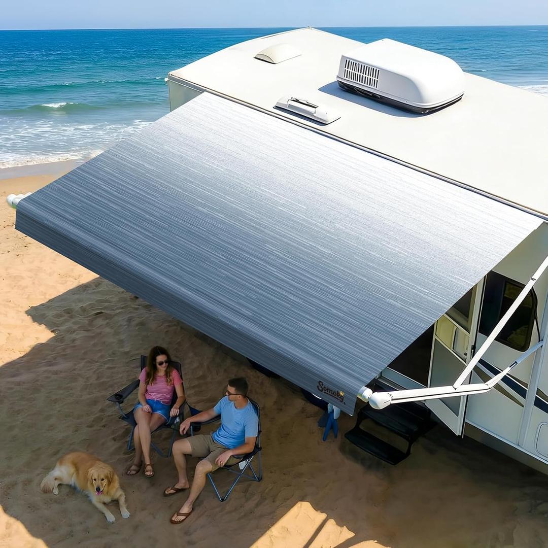 RV Awning Fabric Replacement, 19.5oz Heavy-Duty Vinyl Camper Awning, Heat-Sealed Seamless, DIY Setup, UPF 50+ Waterproof Canopy for Camper, Trailer, Motorhome (Glacier Blue, 16FT(Fabric 15'2"))