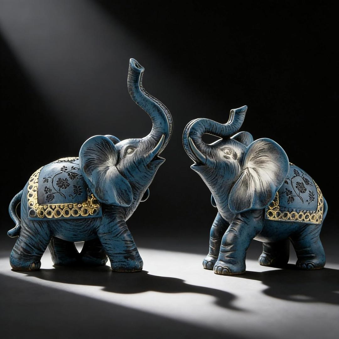 Blue Thai Couple Elephants Figurines Statues Elephant with Trunk Up Gifts for Desktop Decoration Home Crafts Ornament